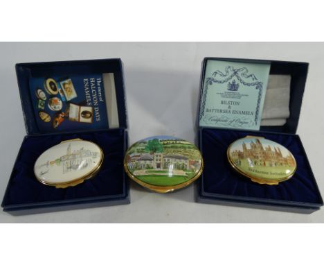 Three Halcyon Day and Bilston enamel boxes, two boxed one without 