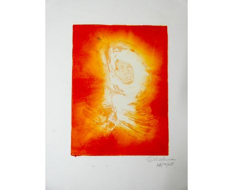Signed and dated screen print of a girl's face, D.R. Adamson dated 1969 and six other colour way versions of the same 
