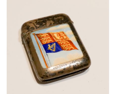 Edwardian silver vesta case with enamel panel depicting royal standard flag   In very good condition no sign of damage and re