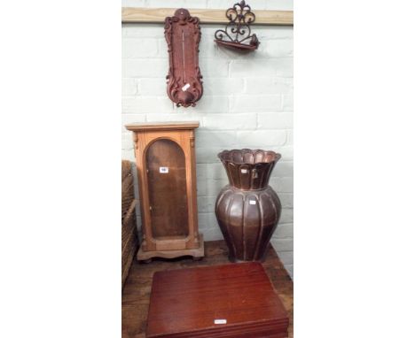 A small display cabinet, a large spittoon style vase, a part cutlery set in box, rusty outside thermometer and rusty bird bat