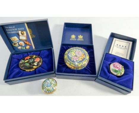 Group of four Halcyon Day enamel boxes, three boxed one without, all decorated with flowers 