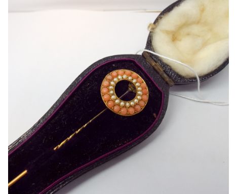 Victorian stick pin brooch mounted as a circlet of coral and split pearls in fitted leather case 