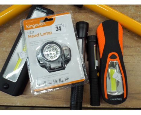 LED headlamp and four assorted COB torches and lamps 