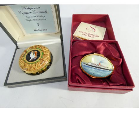 Wedgwood copper enamel circular box decorated with a classical scene and an oval Staffordshire enamel box decorated with the 
