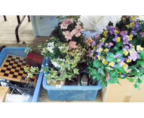 Quantity of hanging baskets (some with artificial flowers) and two boxes of cables, tools etc 