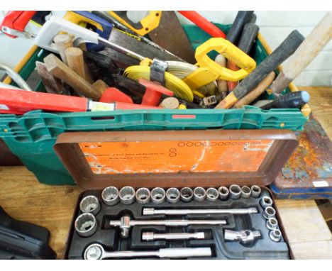 A large box of hand tools and two old ratchet sets