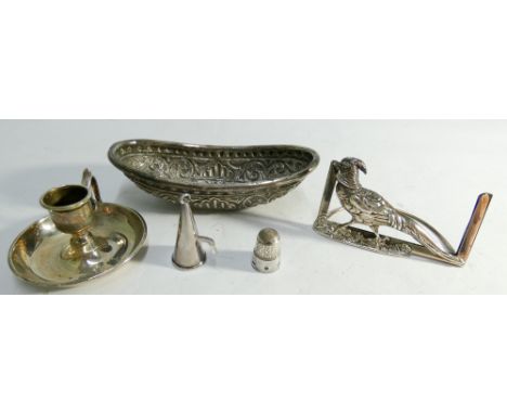 A collection of silver and white metal items to include golden pheasant menu place setting holder, silver thimble, hallmarked