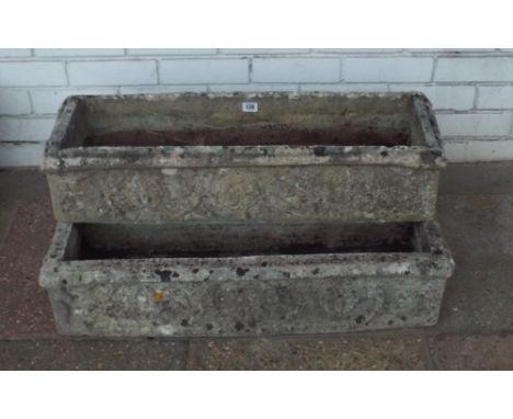 Three reconstituted stoner trough shaped garden planters approx 3' long 