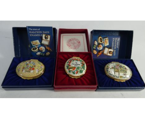 Three Halcyon Day enamel boxes with original boxes, Christmas 1981, 1982 and 1984