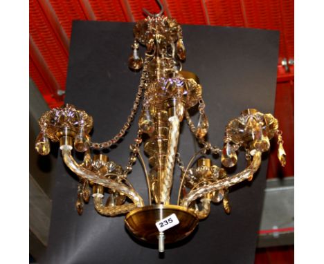 A five branch smokey glass chandelier light fitting, H. 50cm.