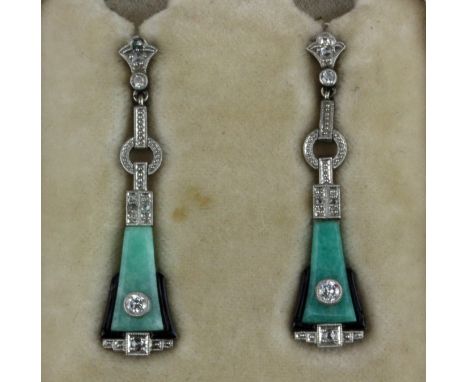 A pair of boxed Art Deco 14ct white gold (stamped 585) enamelled drop earrings set with jade and brilliant and rose cut diamo