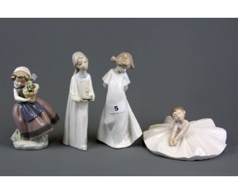 Two Lladro figurines and two Nao figurines, Lladro girl with flower pot and Nao girl with flared skirt both A/F, tallest H. 2