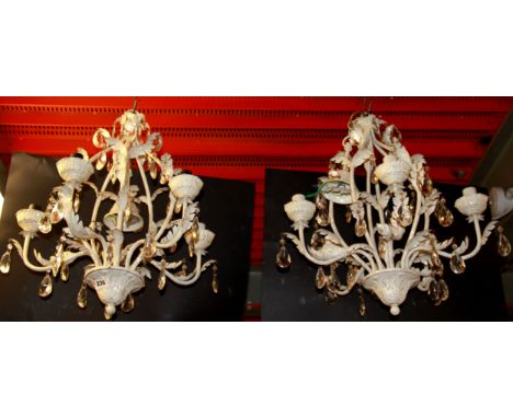 A pair of painted metal five branch chandelier light fittings, H. 53cm.
