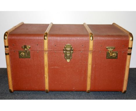 A large vintage canvas and wood cabin trunk, 91 x 52 x 50cm.