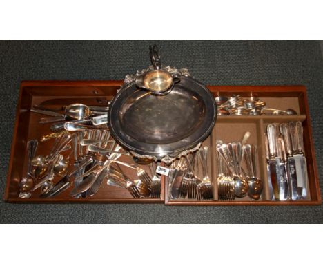 A silver-plated salver, serving dish and silver plated cutlery set.