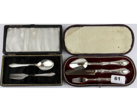 A boxed hallmarked silver three piece cutlery set, including spoon, fork and knife, together with a boxed hallmarked silver t