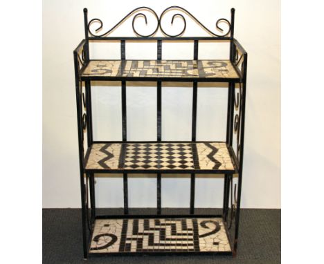 A mosaic tiled folding metal shelf unit, W. 66cm H. 103cm.