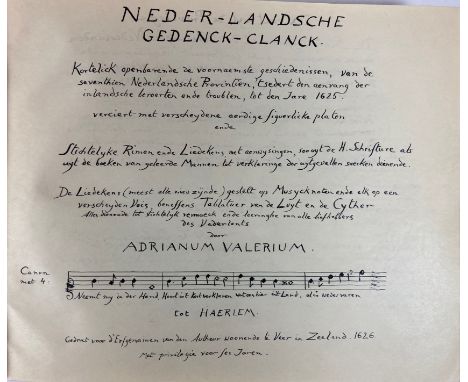 VALERIUS, A. Neder-landsche Gedenck-clanck. (N.pl., 1940-43). Ms. transcript of the first and only edition which was publishe