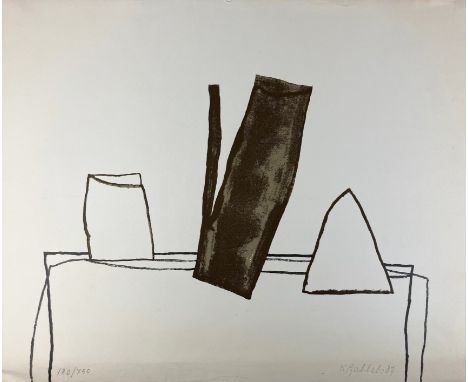 GUBBELS, Klaas (1934-). (Coffee/tea pot on table). 1987. Silkscreen print in brown and black. 495 x 600 mm (sheet size). Sign