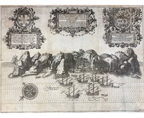 SAINT HELENA -- LINSCHOTEN, HUYGEN VAN -- "INSULA D. HELENÆ (…)". (Amsterdam, 1596). Plain engr. birds-eye view of the island