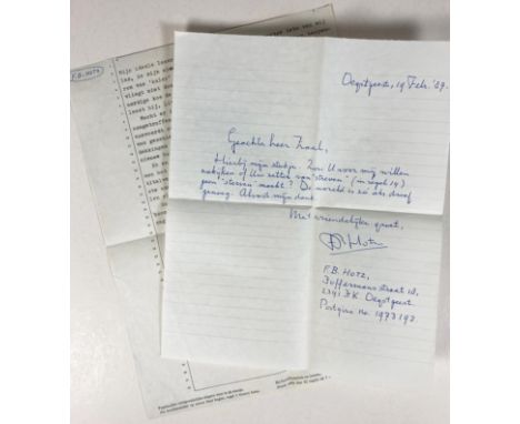 HOTZ, F.B. Letter to Wim Zaal. Oegstgeest, 19 Febr. 1989. Ms. on paper, r° only. Signed. - W. typescript appendix containing 