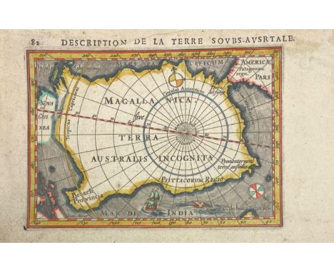 ANTARCTICA -- "DESCRIPTION de la Terre Soubs-Australe" (sic!). Amst., J. Hondius, (1618). Engr. map, cold. by hand, with titl