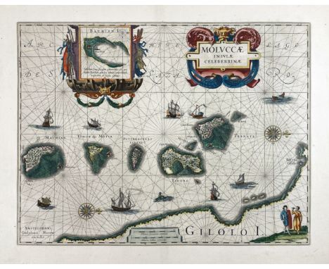 MALAY ARCHIPELAGO -- "MOLUCCÆ Insulæ Celeberrimæ". Amst., W. Blaeu, (c. 1645). Engr. chart in cont. colouring w. 2 intricate 