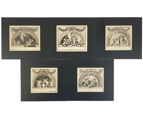 LA PÖESIE, "LA MUSIQUE", "LES MATHEMATIQUES", "L'ASTRONOMIE", "LA SCULPTURE". (Amst.?, G. Valck, c.). 5 allegorical engrs. de