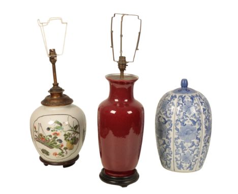 A CHINESE FLAMBE VASE LAMP of baluster form, the vase 38cm high, together with a Chinese famille verte table lamp, 26cm high,