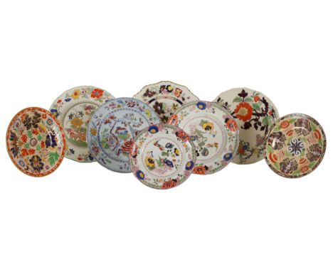 A SMALL COLLECTION OF MASONS IRONSTONE PLATES including an example decorated in the Imari style, with gilt detailed flowers o