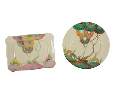 A CLARICE CLIFF VISCARA PLATE decorated with colourful flowers,25.5cm diameter, together with a Clarice cliff tray, of rectan