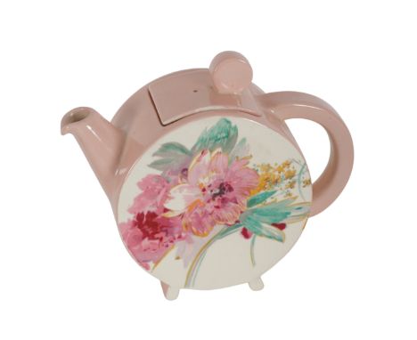 A CLARICE CLIFF BONJOUR TEAPOT AND COVER Circa 1936, decorated with pink flowers to either side, 14cm highFrom the collection