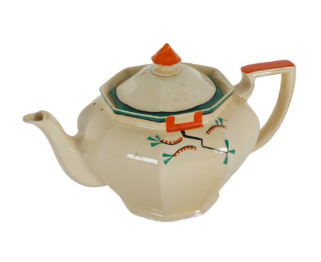 A CLARICE CLIFF 'RAVEL' PATTERN 'ATHENS' SHAPE TEAPOT Circa 1930, hand painted in green orange and black, 17cm highFrom the c