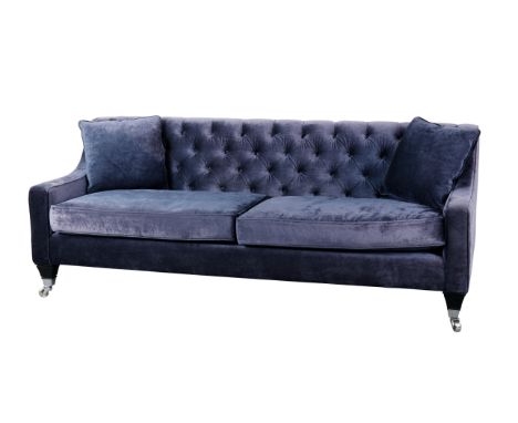 A PAIR OF CONTEMPORARY 'CLARIDGE' SOFAS BY SWEETPEA &amp; WILLOW with button back velvet covers, on tapering ebonised front l