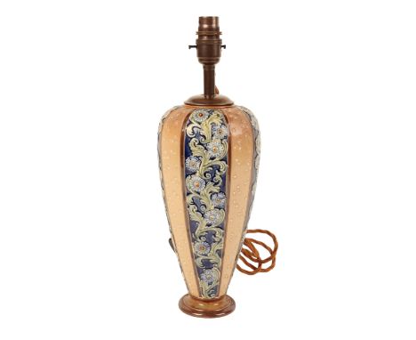 A DOULTON LAMBETH STONEWARE ELECTRIC TABLE LAMP of Slater's Patent design with vertical alternating bands of scrolled flowers