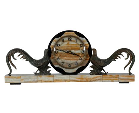AN ART DECO BLACK SLATE AND ONYX MANTLE CLOCK early 20th Century, probably French, mounted with two spelter Asiatic pheasants