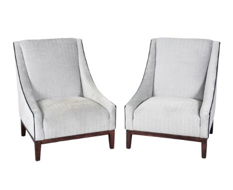 A PAIR OF CONTEMPORARY ARMCHAIRS BY WHITEHEAD DESIGN with light grey chenille covers, on tapering stained wood legs, 91cm hig