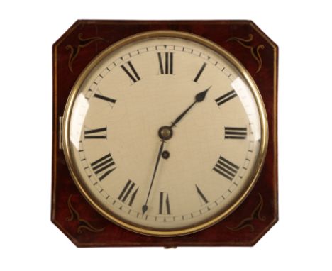 A REGENCY MAHOGANY WALL CLOCK the octangonal case with brass inlay to the corners, with a 25cm convex painted dial and Roman 