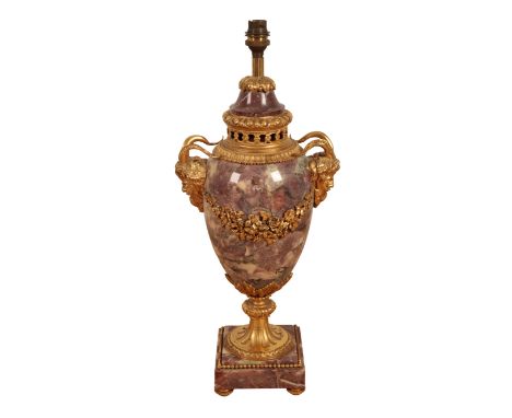 A LOUIS XV STYLE ORMOLU-MOUNTED BRECHE VIOLETTE MARBLE LAMP Late 19th century, with an ovoid body, mounted with satyr mask fr