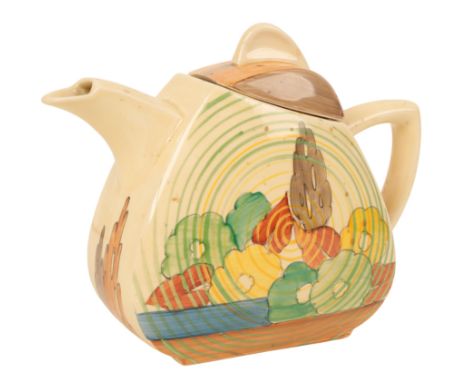 A CLARICE CLIFF TEAPOT AND COVER Circa 1930, decorated with foliage amongst swirled lines, 13.5cm highFrom the collection of 