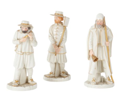 A GROUP OF THREE ROYAL WORCESTER PORCELAIN FIGURES late 19th century, modelled by James Hadley, including Ye Water Carrier, Y