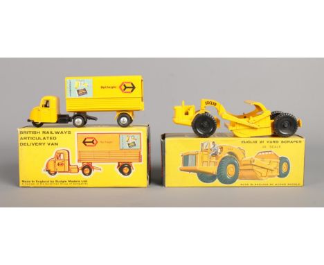 Two boxed Budgie die-cast vehicles. No. 282 Euclid 21 Yard Scraper and No. 238 British Railways Delivery Van. With slogan to 