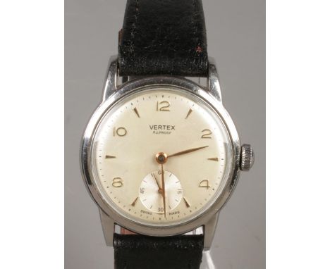 A gents stainless steel Vertex manual wristwatch. With baton and Arabic numeral markers and subsidiary seconds. Bearing prese