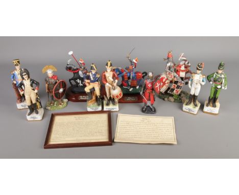 A good collection of assorted military related figures to include six ceramic Alfretto examples and two York Pewter jousting 