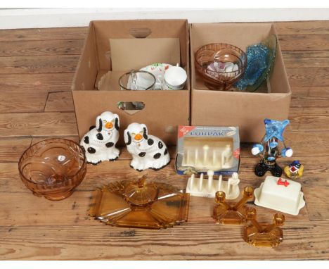Two boxes of miscellaneous items to include four ceramic cups and saucers, Murano glass clown, glass dressing table set and B