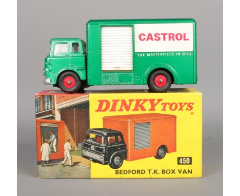 A boxed Dinky Toys No. 450 Bedford TK box van, comprising metallic green body with Castrol livery and red plastic hubs.