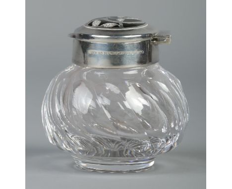 A glass ink bottle by Sheaffer with silver and enamel hinged top. Assay mark for Birmingham and stamped Sheaffer England.