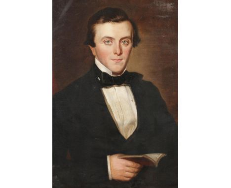 A 19th century gilt framed oil on canvas, portrait of a smartly dressed gentleman holding a book. 74cm x 61cm.