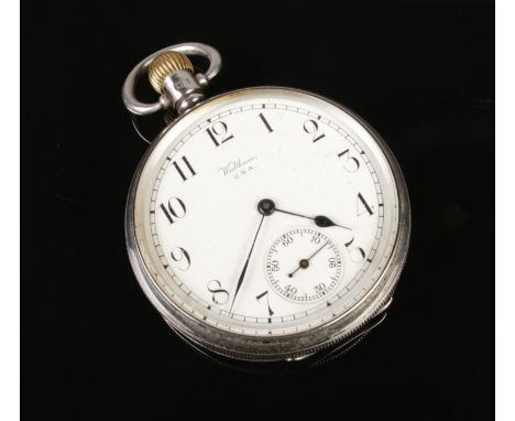 A gents Waltham silver pocket watch with Arabic numerals and seconds dial, case hallmarked Birmingham 1925 by Dennison.  Work