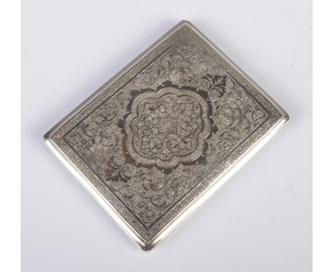 A Persian silver cigarette case with engraved decoration. 8.5cm x 6.5cm. 82g.